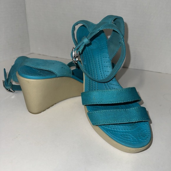Crocs Leigh II Wedge Strappy Sandals Womens 8 Aqua Blue Ankle Strap Turquoise - Picture 9 of 9